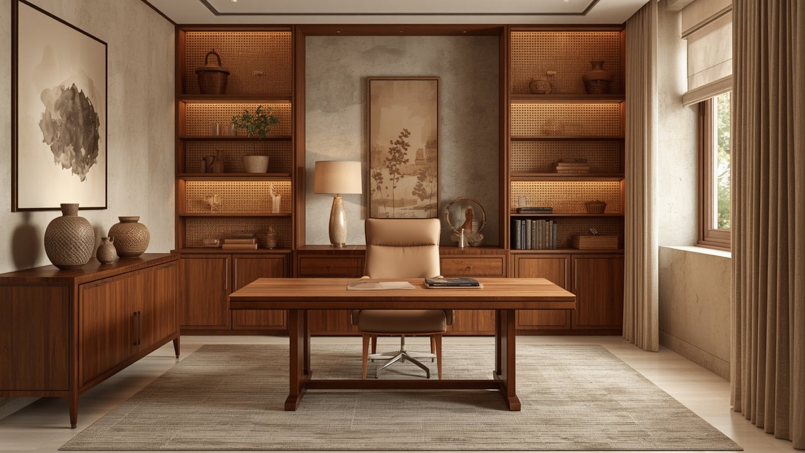 Modern Indian home office featuring a compact work desk, ergonomic chair, wall-mounted storage, indoor plants, and warm lighting
