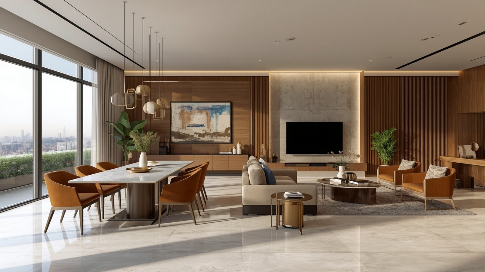 Modern Indian interior design elements featuring natural wood, handcrafted décor, earthy colors, traditional artwork, and contemporary furniture