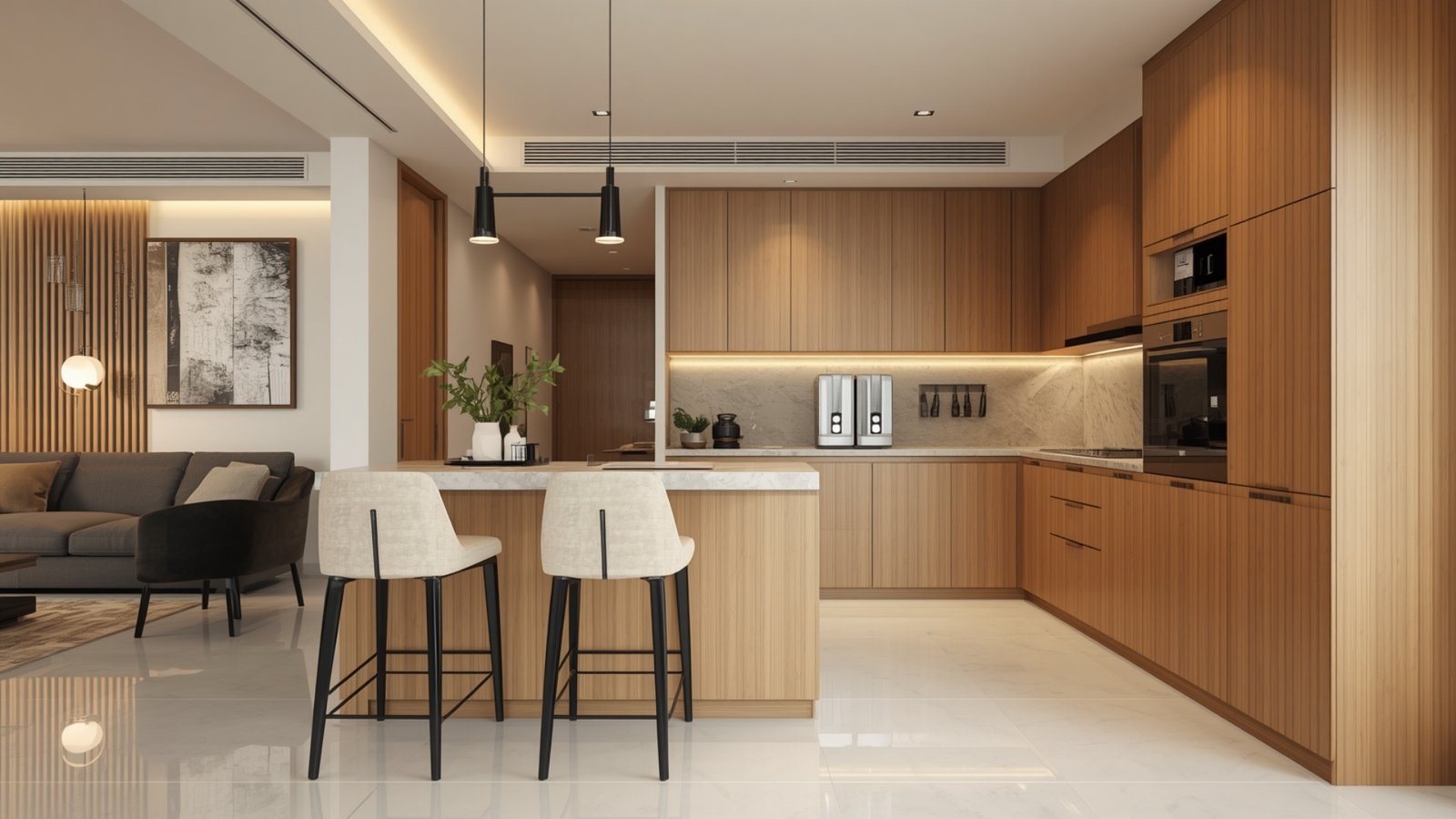 Modern Indian kitchen with a stylish breakfast counter featuring natural wood, marble countertop, bar stools, and warm lighting