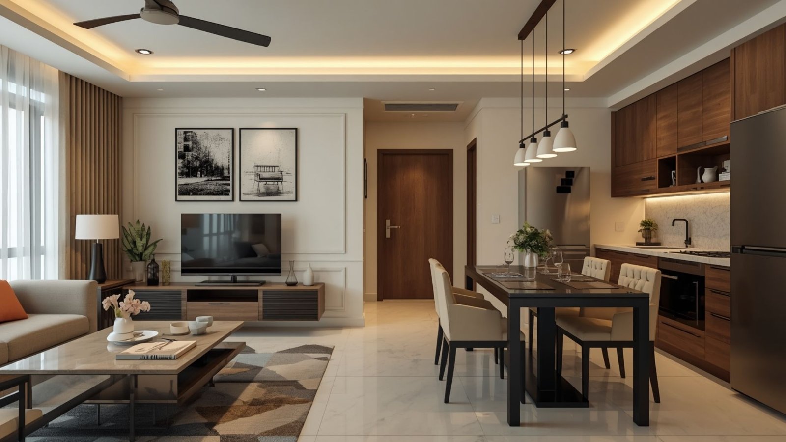 Modern Indian luxury interior featuring natural wood, premium materials, elegant furniture, warm lighting, and handcrafted décor