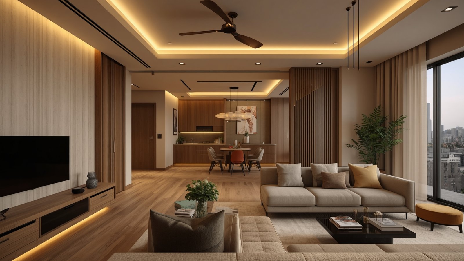 Modern interior design ideas for Thane homes featuring contemporary furniture, smart storage, warm lighting, and elegant décor