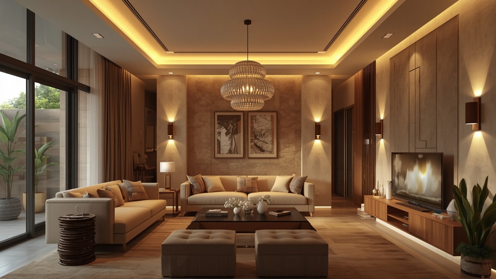 Modern living room featuring recessed ceiling lights, a statement pendant, floor lamp, and warm accent lighting