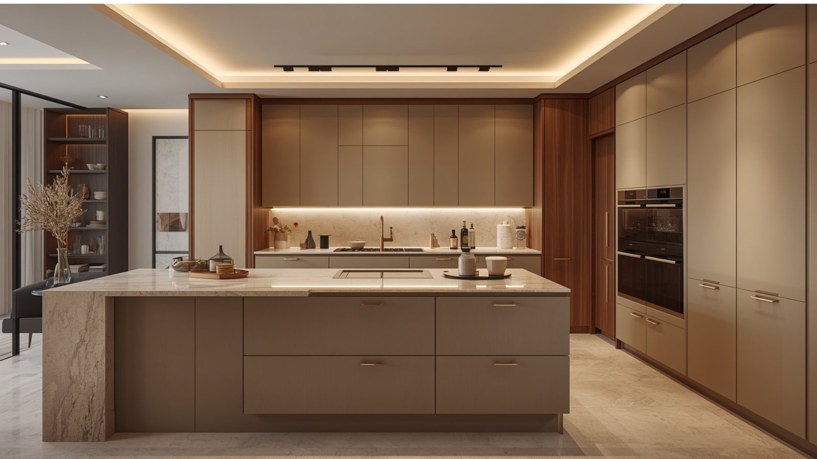 Modern modular kitchen with Indian luxury design, premium cabinetry, natural stone countertops, and integrated appliances