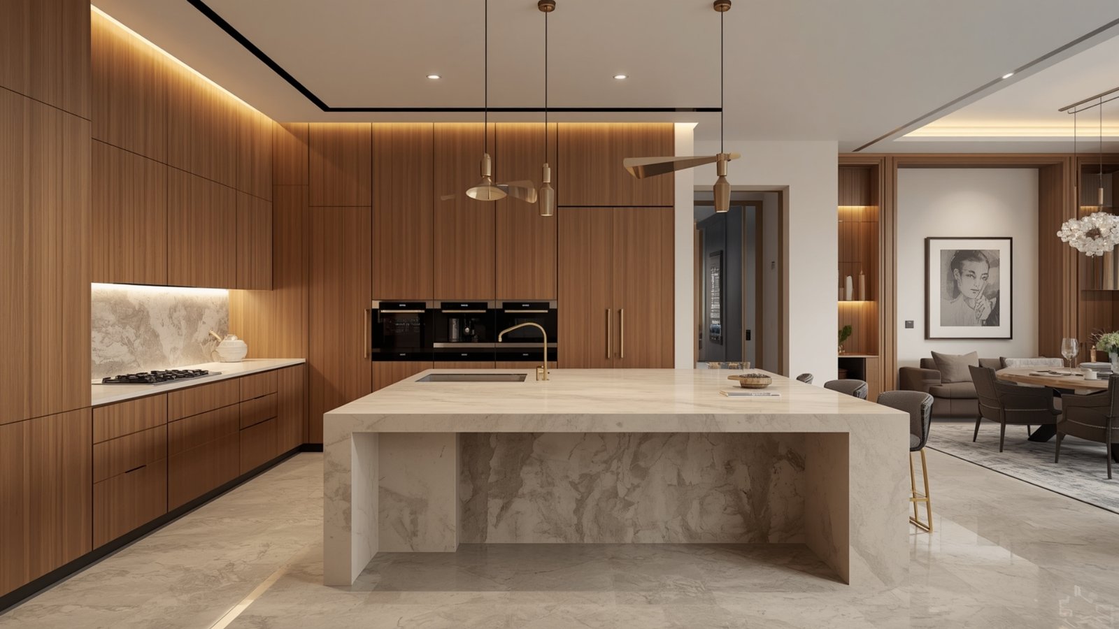 Modern modular kitchen in Thane featuring customized cabinets, quartz countertop, soft-close hardware, and organized storage