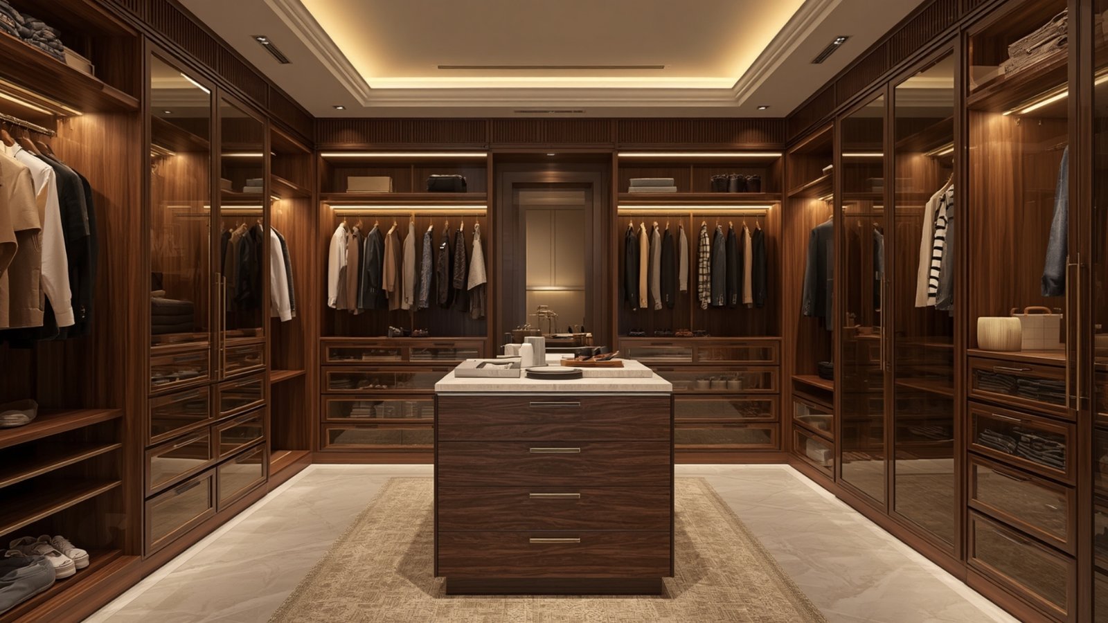 Organised walk-in wardrobe with premium storage cabinets, hanging sections, drawers, shelves, and integrated lighting