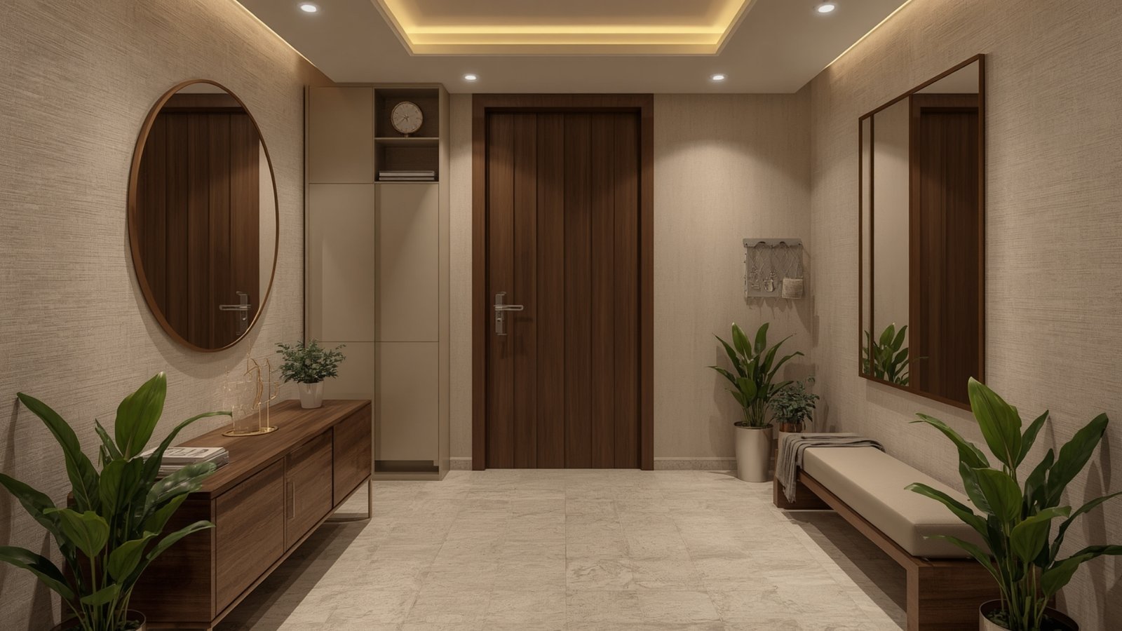 Practical entrance design for a modern Indian home with smart storage, a shoe cabinet, seating, mirror, and stylish lighting