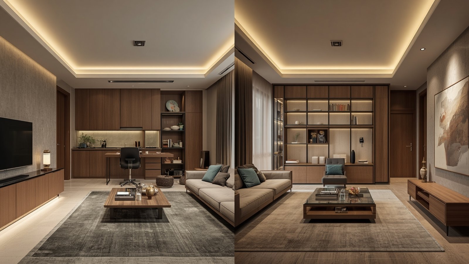 Premium 3BHK apartment interior design in Thane with customized wardrobes, modular kitchen, smart storage, and sophisticated décor