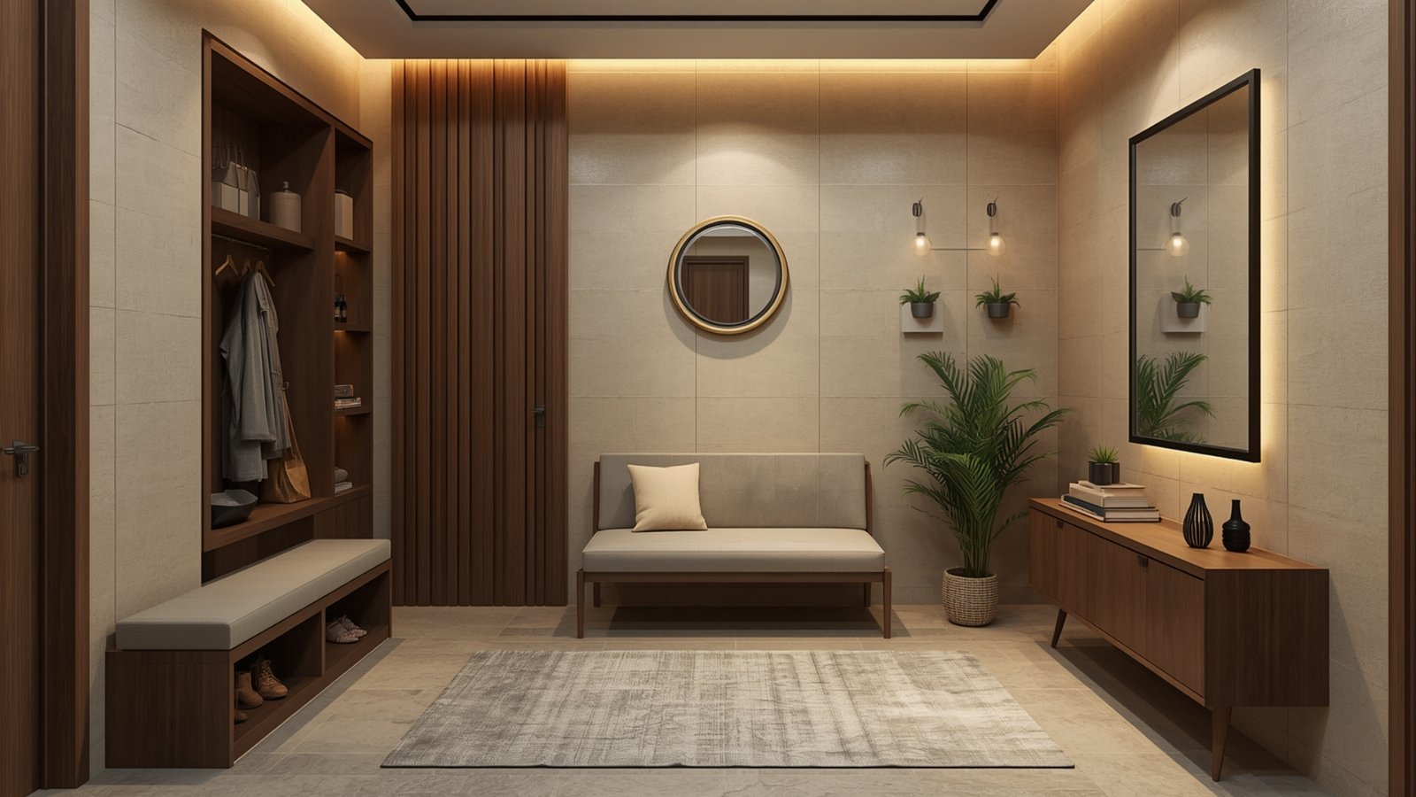 Premium materials used as focal points in a luxury home interior with natural stone, wood, marble, and elegant finishes
