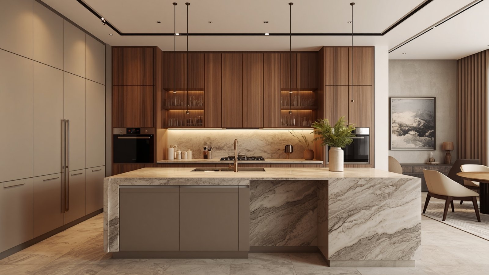 Premium modular kitchen design with custom cabinets, natural stone countertops, integrated appliances, and elegant lighting