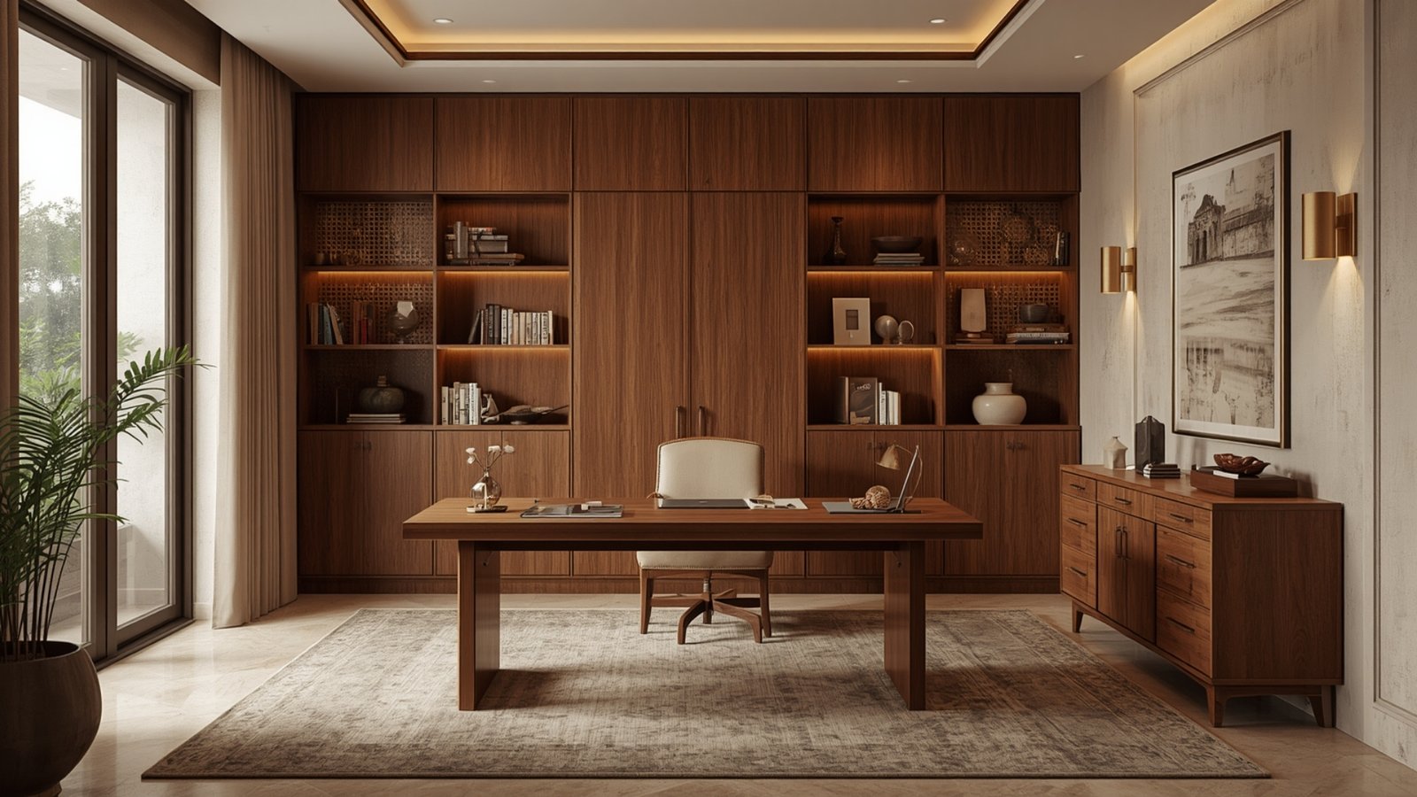 Refined home office with modern Indian luxury design, natural wood furniture, textured walls, elegant lighting, and handcrafted décor