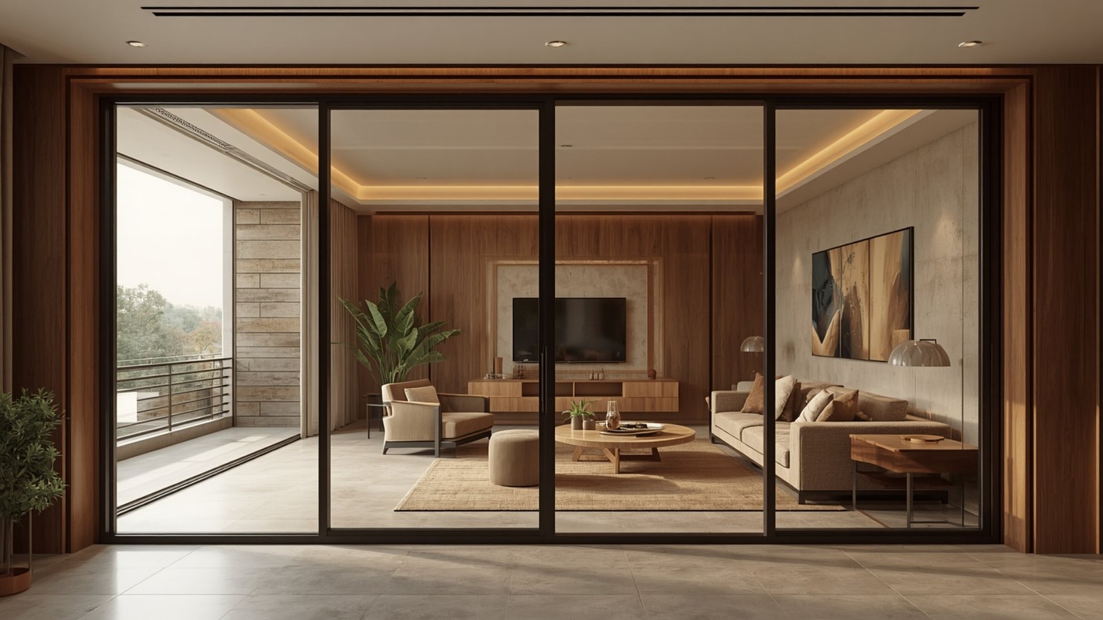 Sliding doors used in a modern apartment to save space and create a flexible, functional interior layout