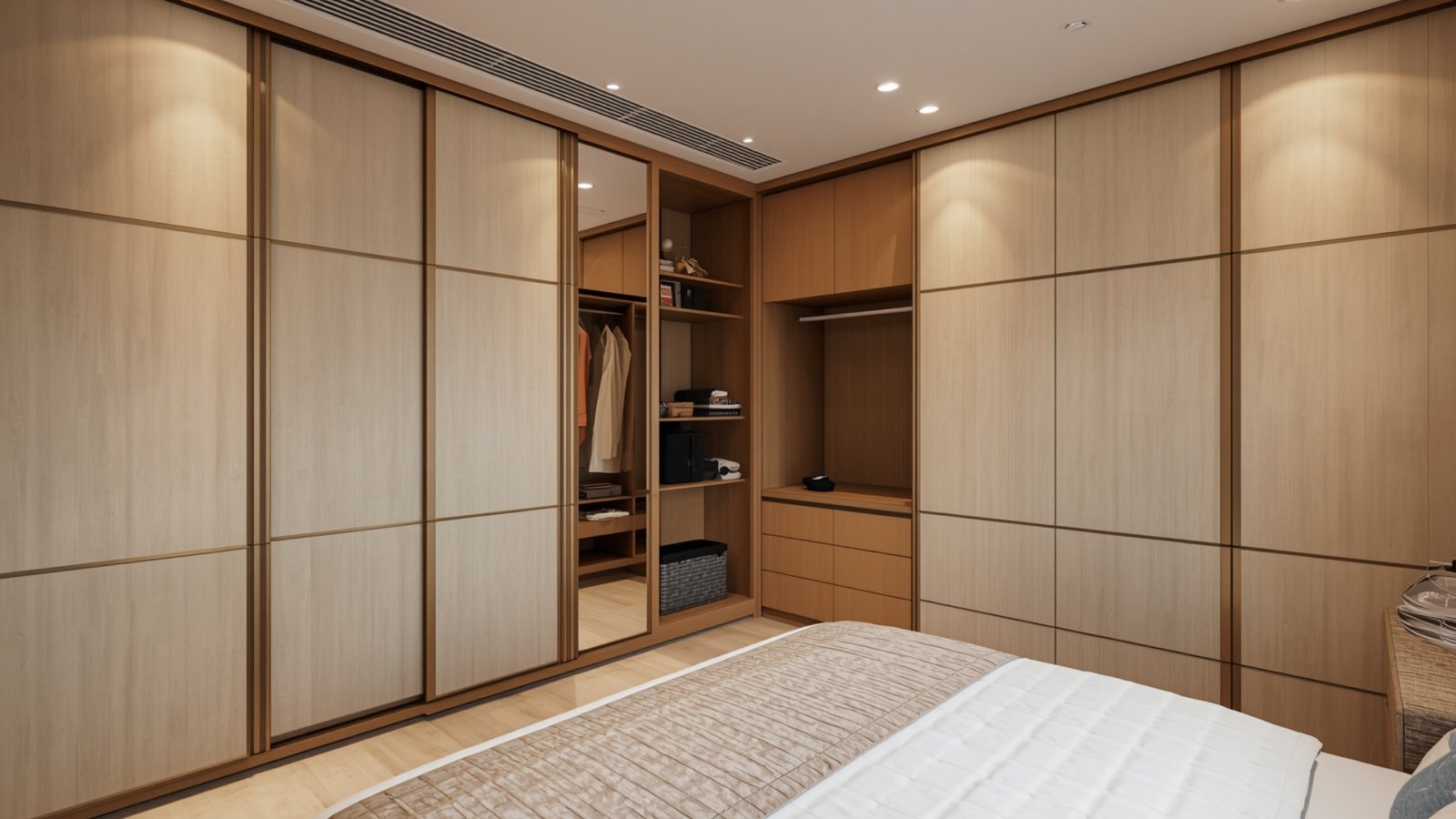 Sliding wardrobe doors for a modern bedroom that save space and provide sleek, organized storage