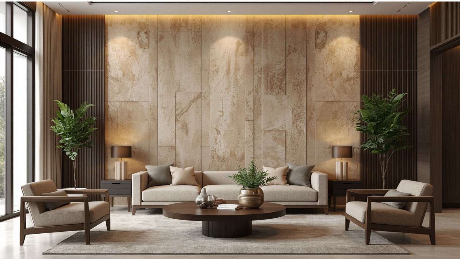 Sophisticated warm minimalist living room with neutral colors, natural wood furniture, soft textures, and layered lighting