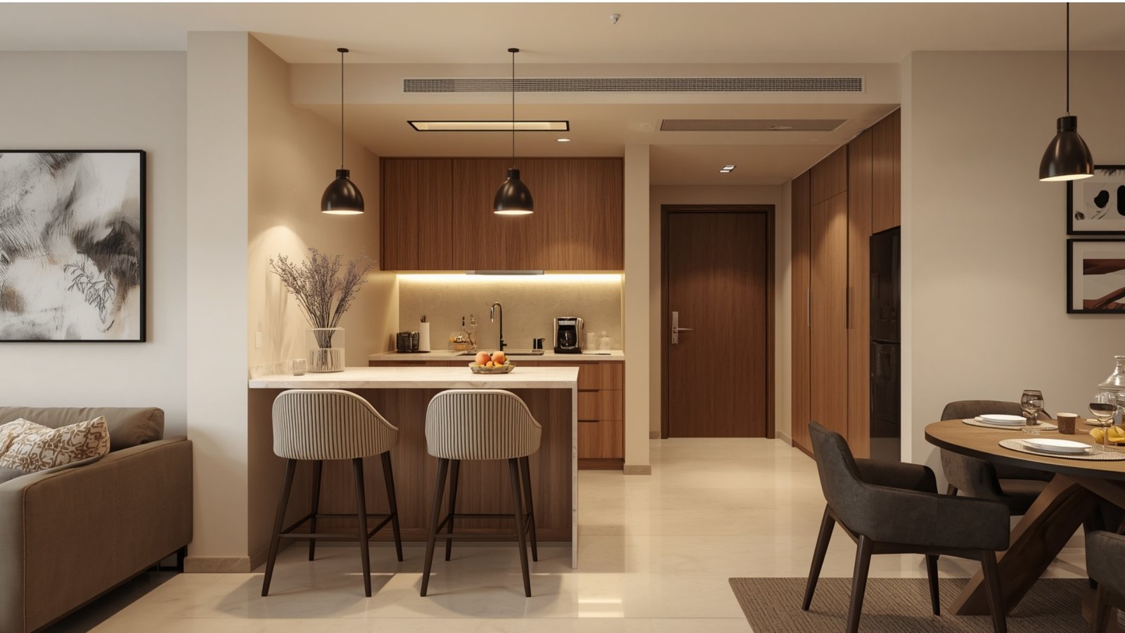 Space-saving breakfast counter in a modern Mumbai apartment with wooden countertop, bar stools, and pendant lighting