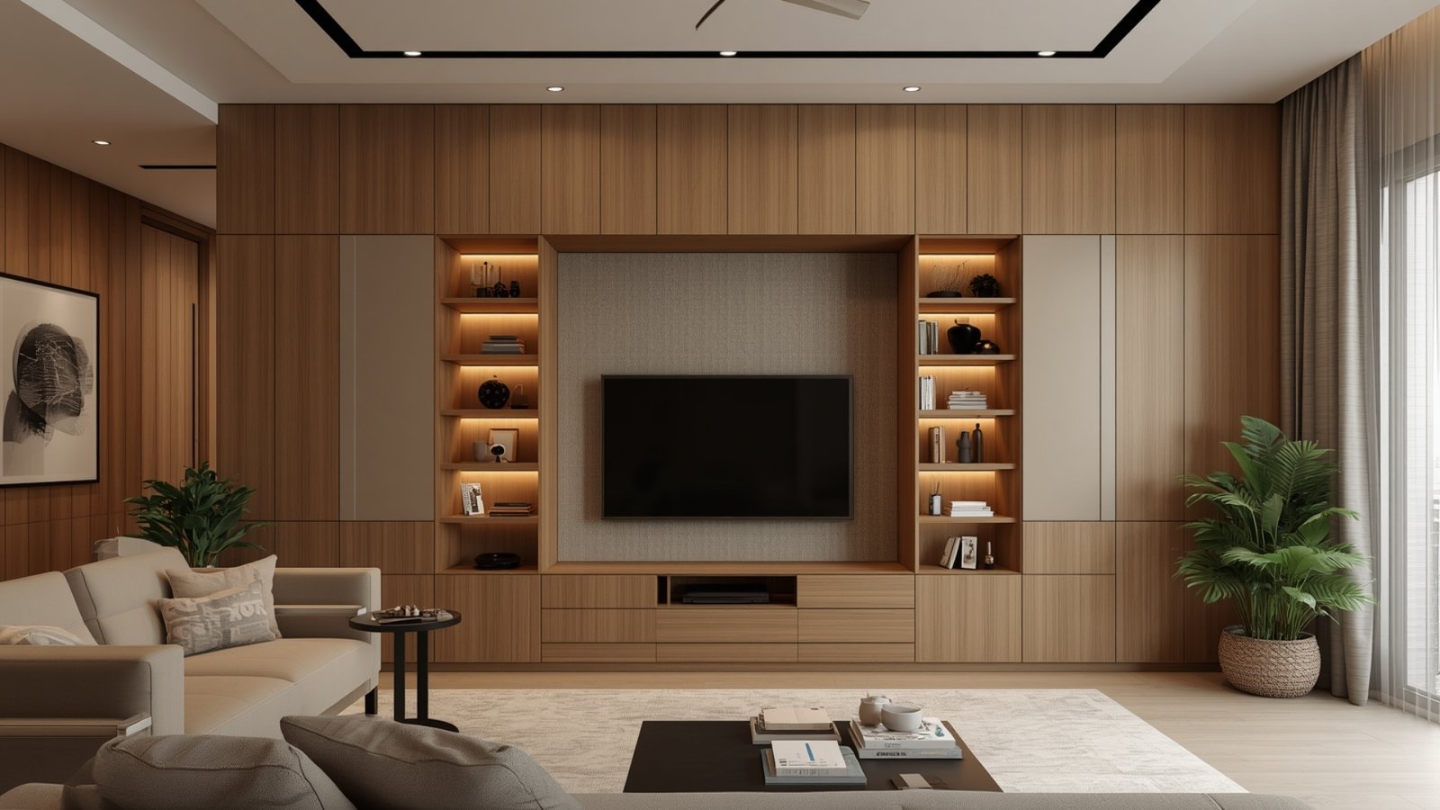 Space-saving TV unit design for modern homes with wall-mounted storage, compact cabinets, and a sleek contemporary finish