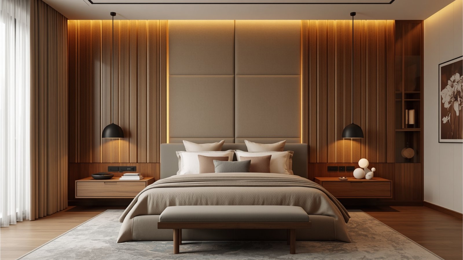 Statement headboard design for a luxury bedroom with upholstered panels, warm lighting, and elegant modern dƩcor