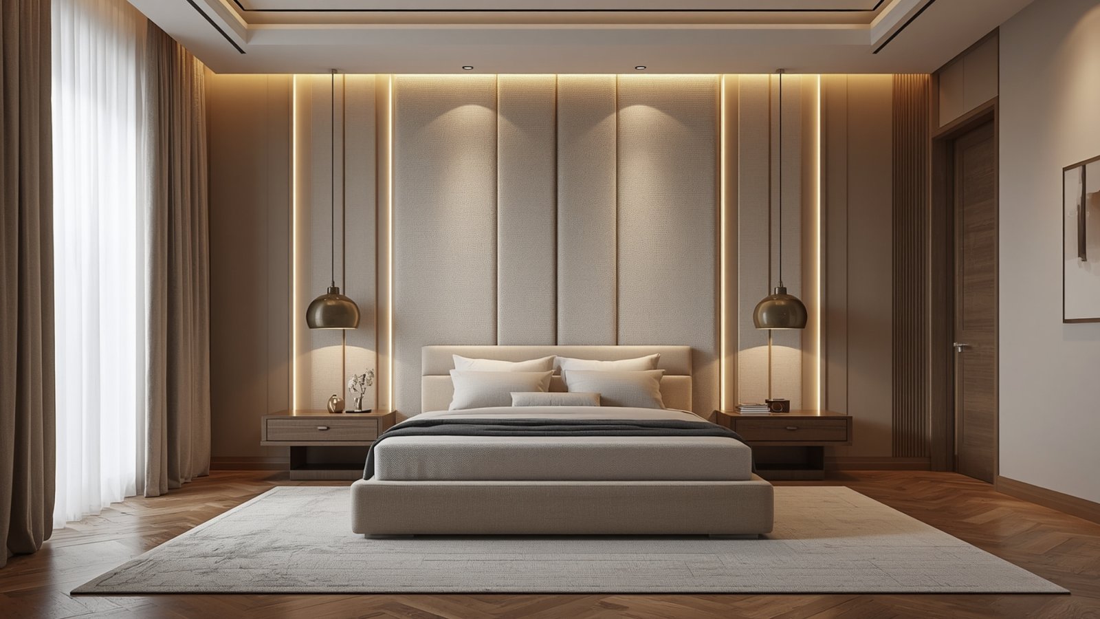 Statement headboard design for a modern bedroom featuring upholstered panels, warm lighting, and elegant contemporary décor