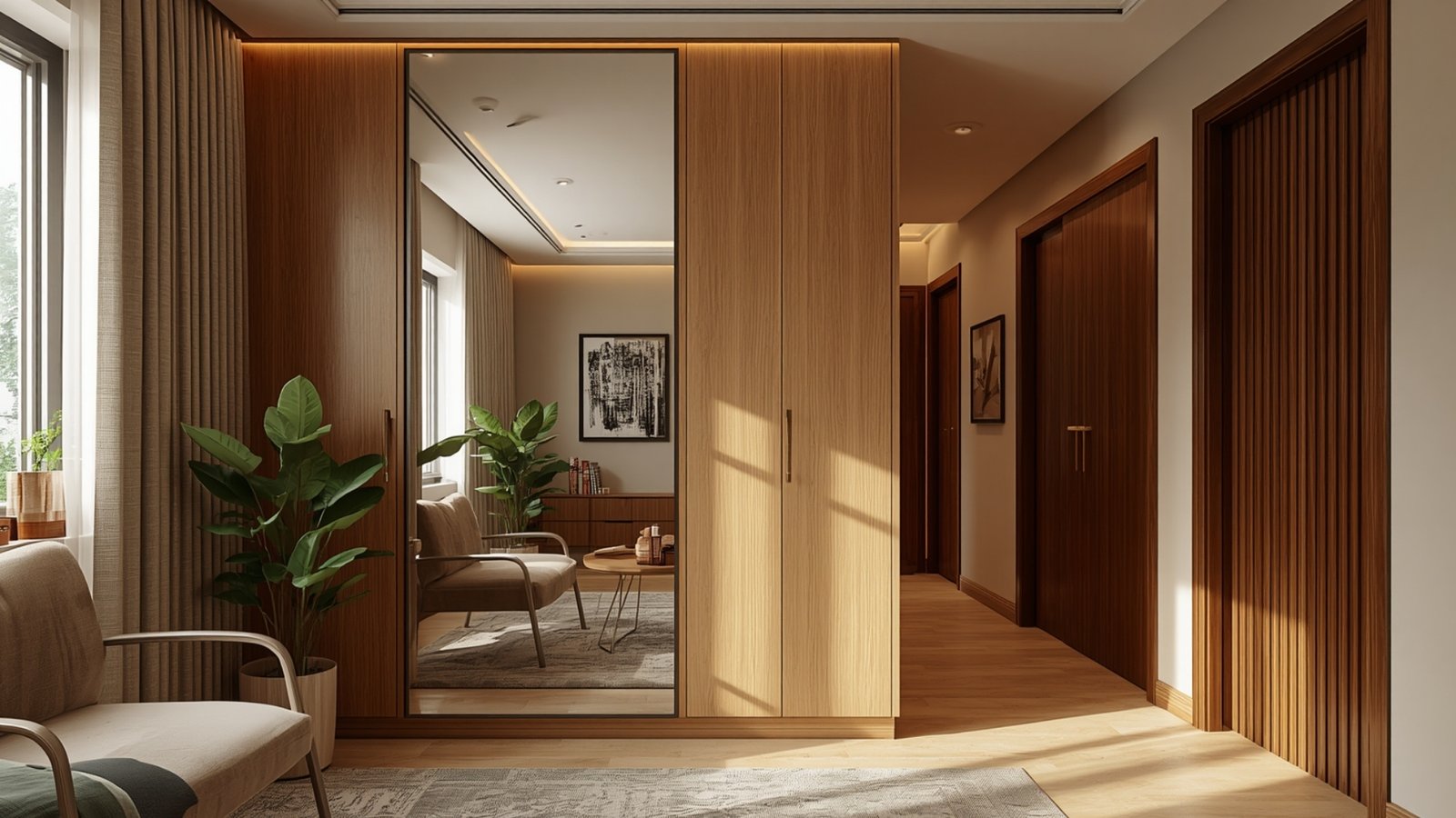 Strategic mirror placement in a modern home to make small spaces look larger, brighter, and more spacious