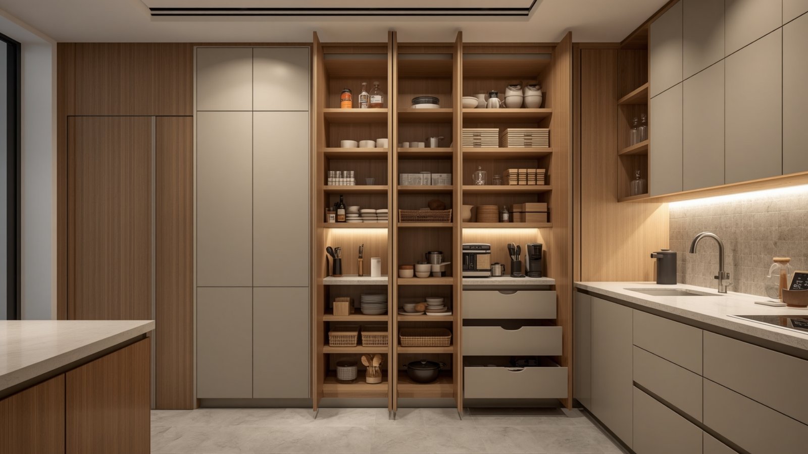 Tall pantry unit in a modern Indian modular kitchen providing vertical storage for groceries, utensils, and kitchen essentials