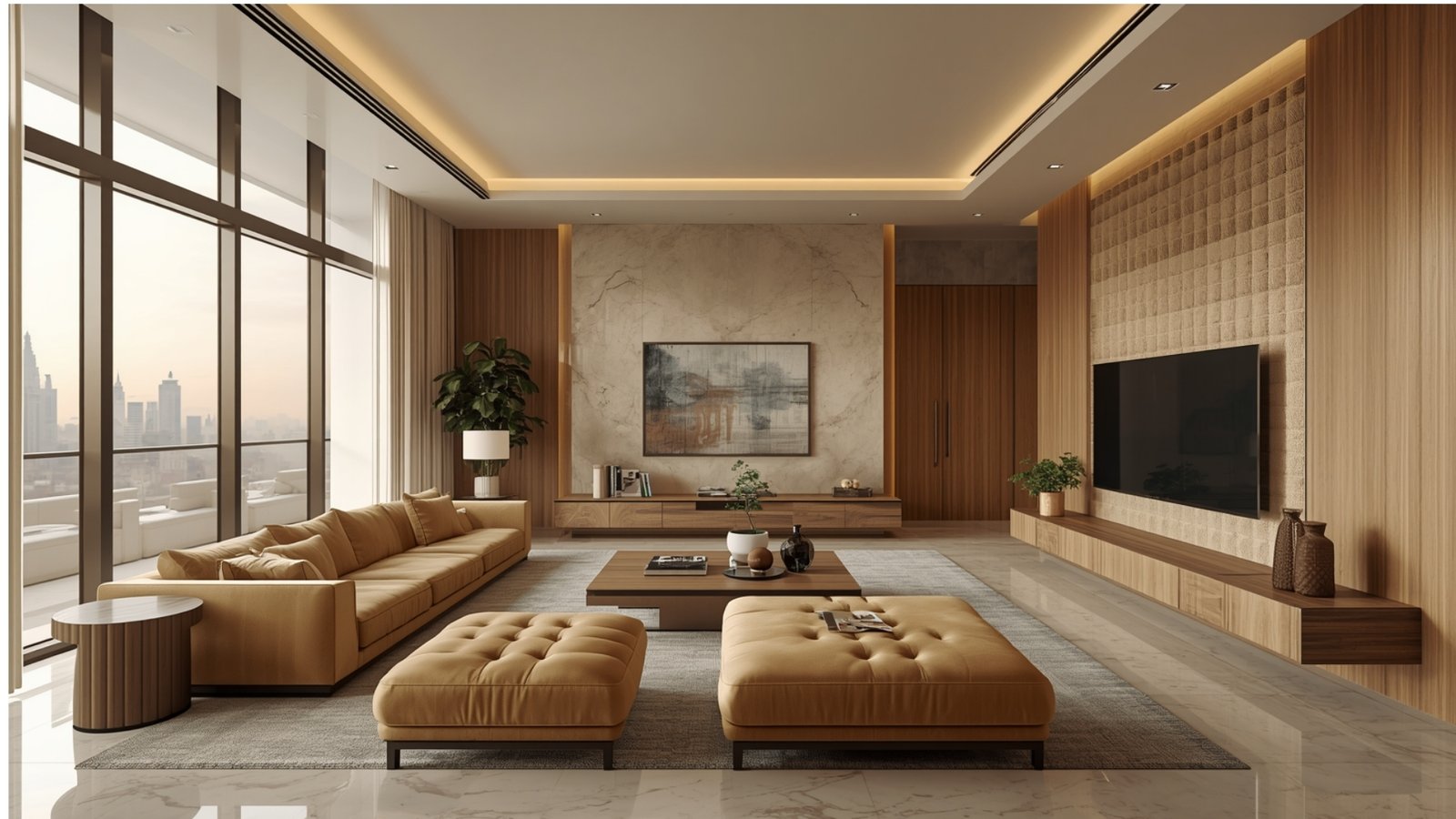 Textured wall design adding visual depth to a luxury modern apartment without heavy wall dƩcor