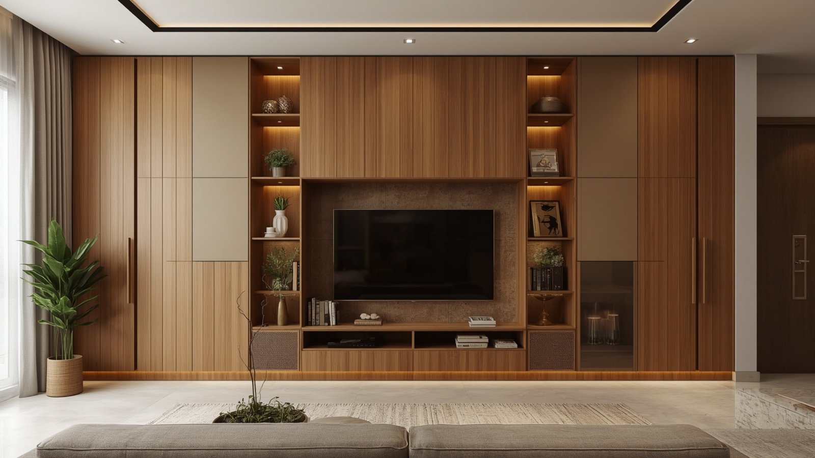 Wall-mounted TV unit design for a modern living room with floating storage, concealed wiring, and stylish décor