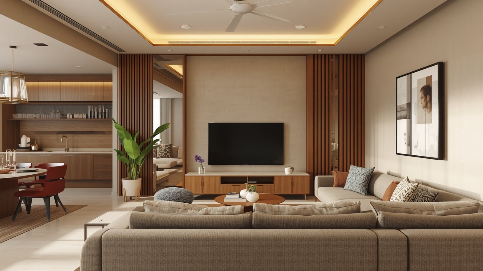 Modern wall-mounted TV unit design for a stylish living room with floating storage, wood panels, and ambient lighting