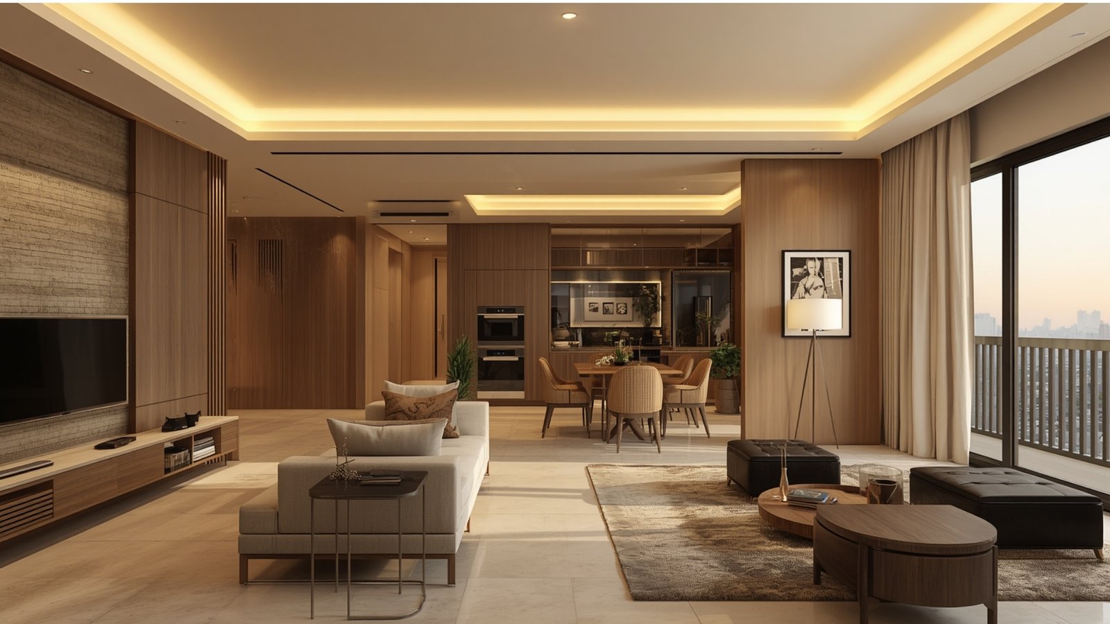 Warm luxury living room with modern Indian design elements, natural wood, marble, handcrafted décor, and elegant lighting