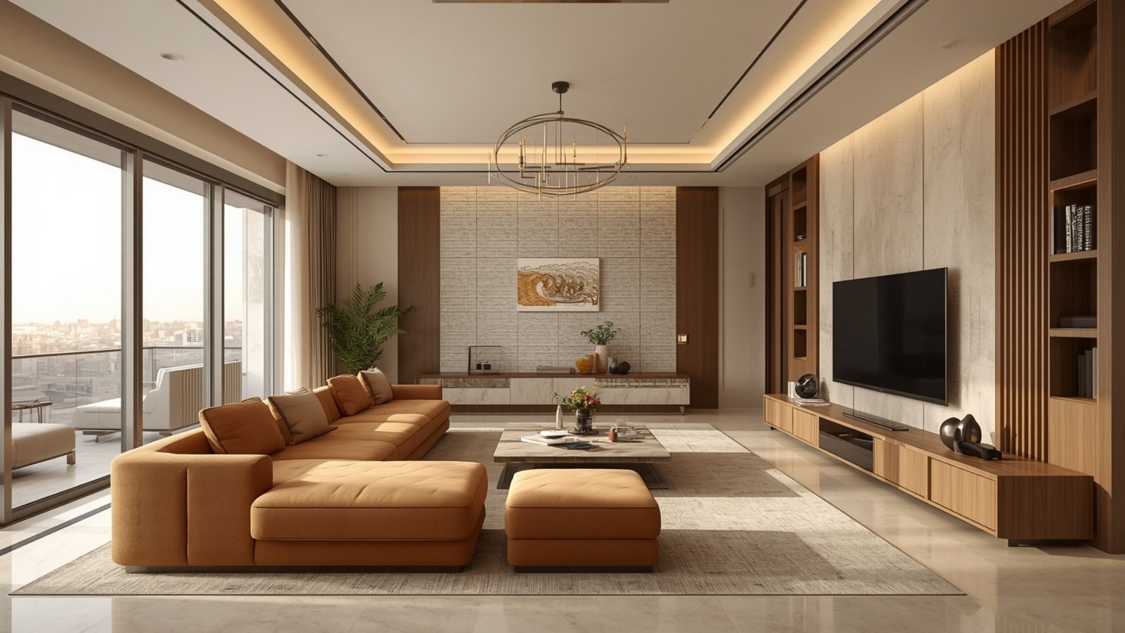 Warm minimalist living room with neutral colors, natural wood furniture, soft textures, indoor plants, and layered lighting