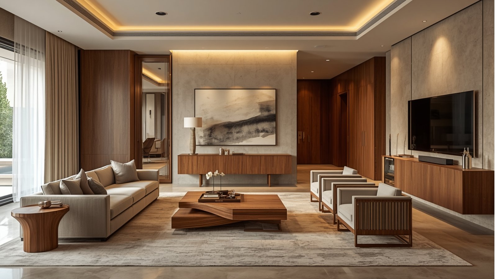 Warm and modern Indian living room with natural wood furniture, earthy colors, textured walls, and elegant lighting