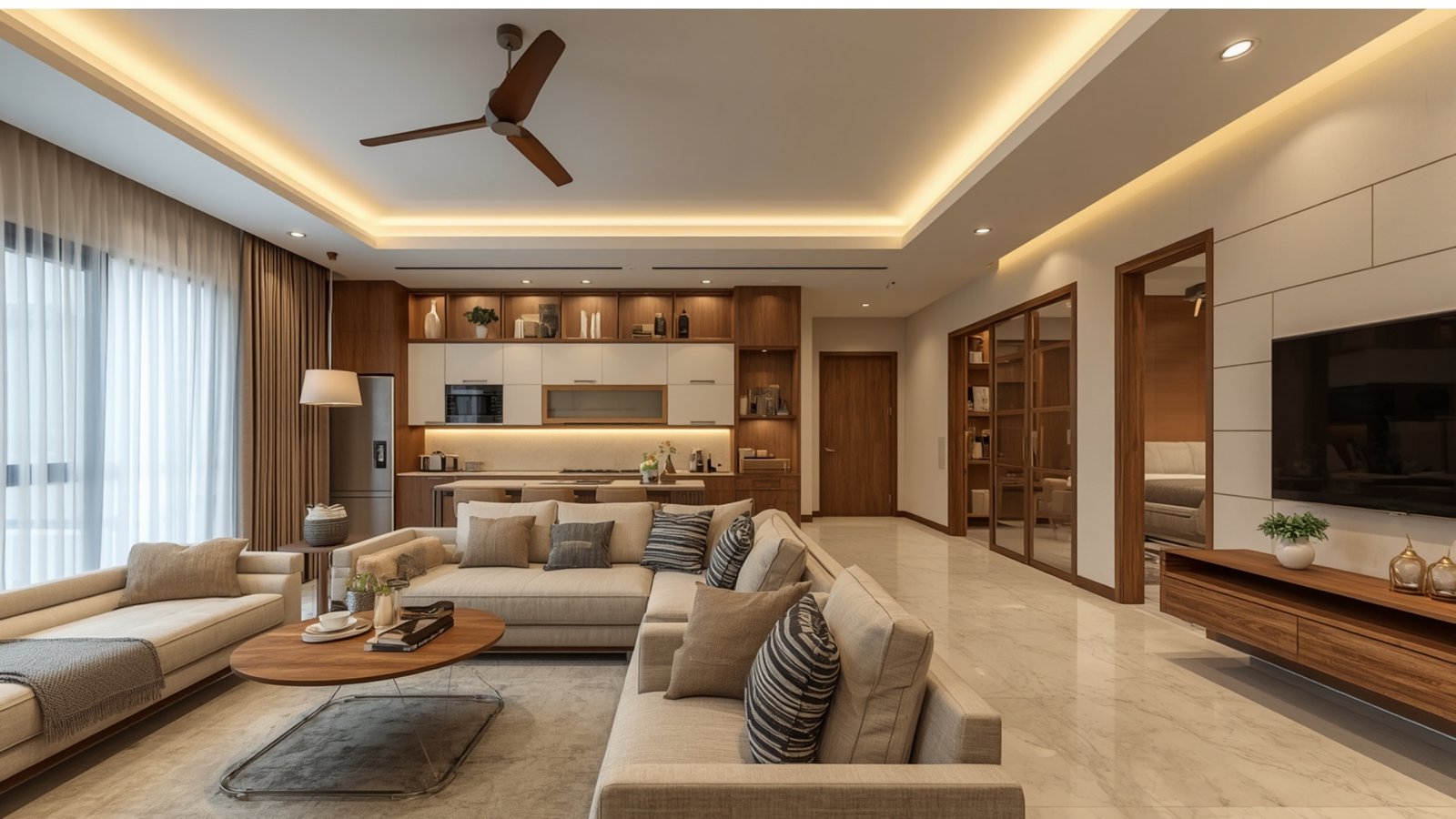 3BHK home interior in Borivali featuring a modular kitchen, customized wardrobes, modern furniture, and premium finishes