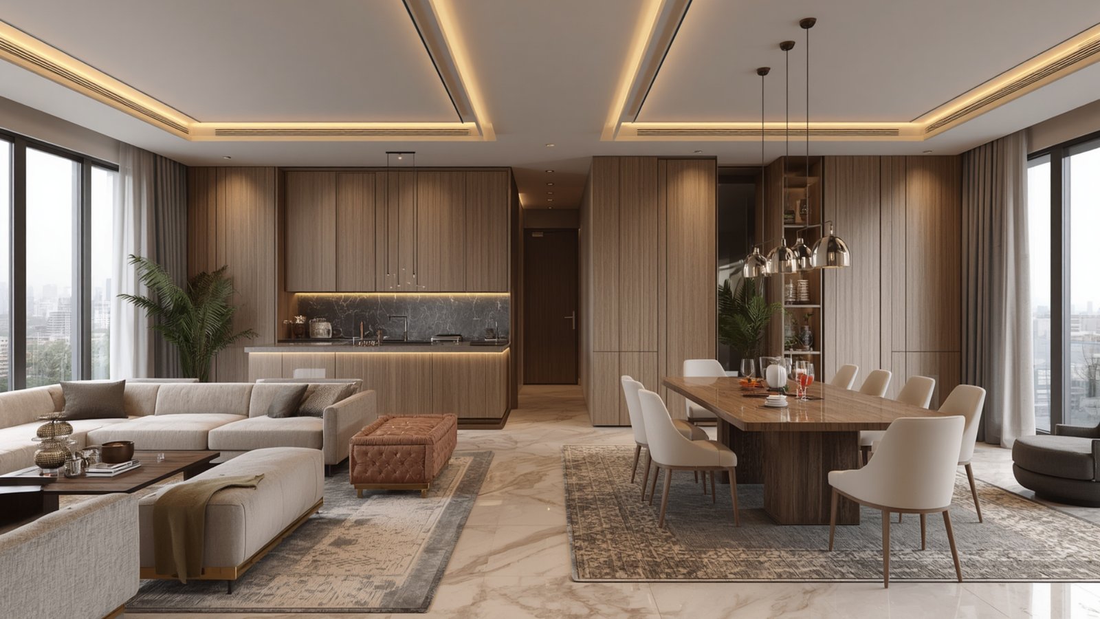 Open living and dining layout with modern furniture, natural light, coordinated décor, and a spacious contemporary interior