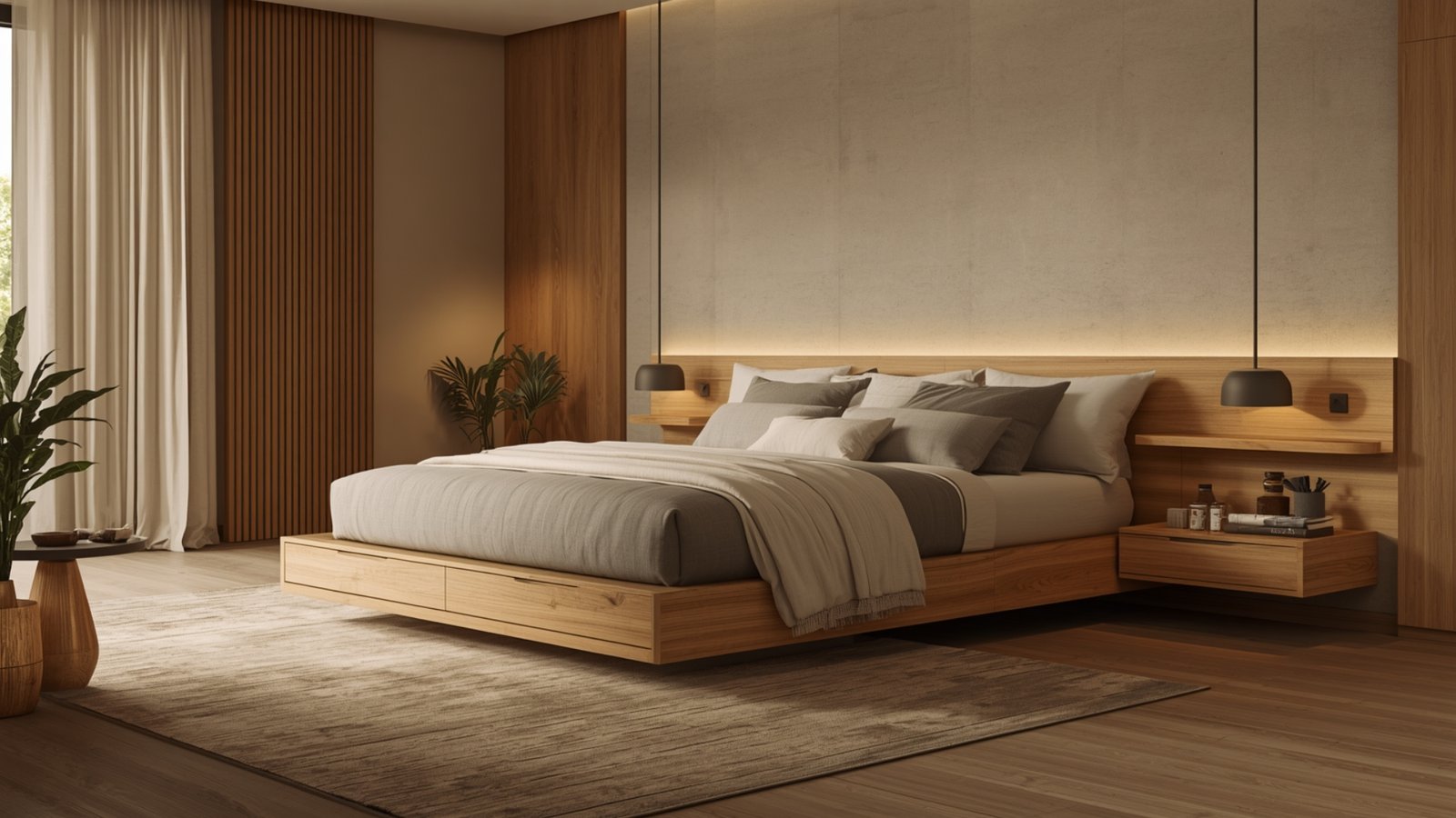 Modern luxury master bedroom design with elegant lighting and wardrobes