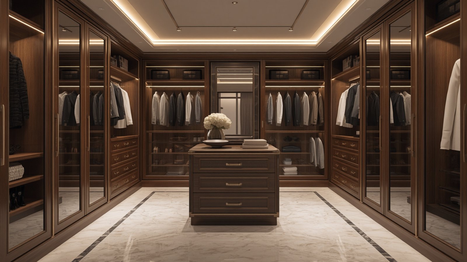 Modern walk-in wardrobe design with customized storage