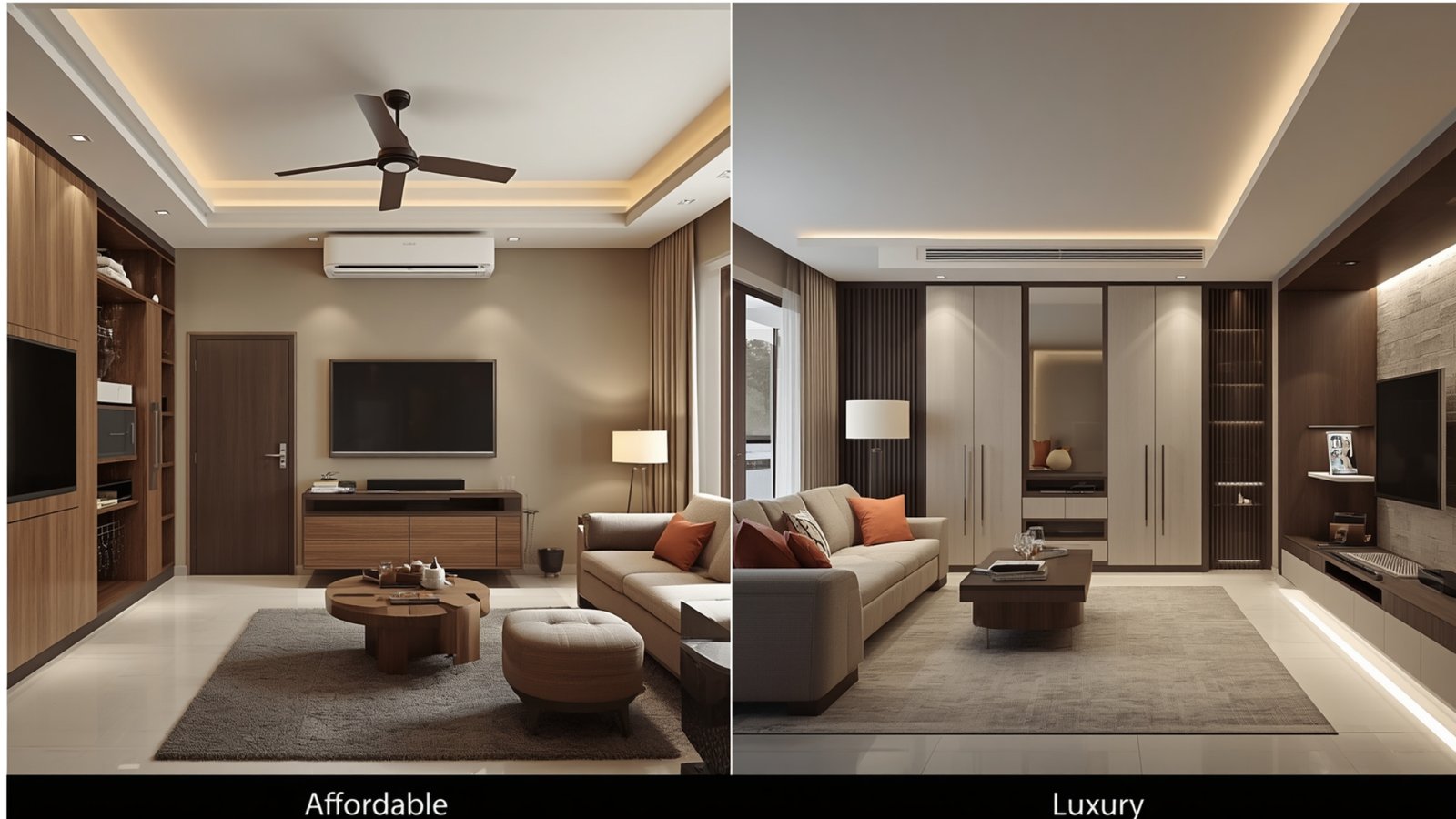Affordable vs luxury interior design for a Thane home comparing stylish budget interiors with premium finishes and customized furniture