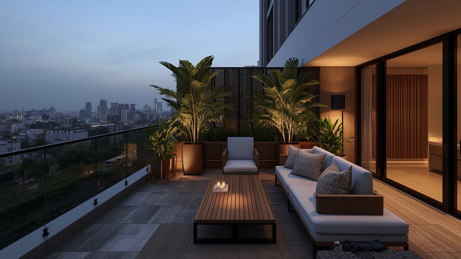Balcony interior design transformed into a private retreat with comfortable seating, indoor plants, soft lighting, and natural décor