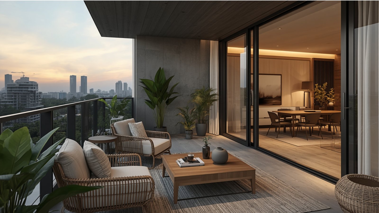 Balcony designed as a relaxing space with comfortable seating, indoor plants, warm lighting, and stylish outdoor décor