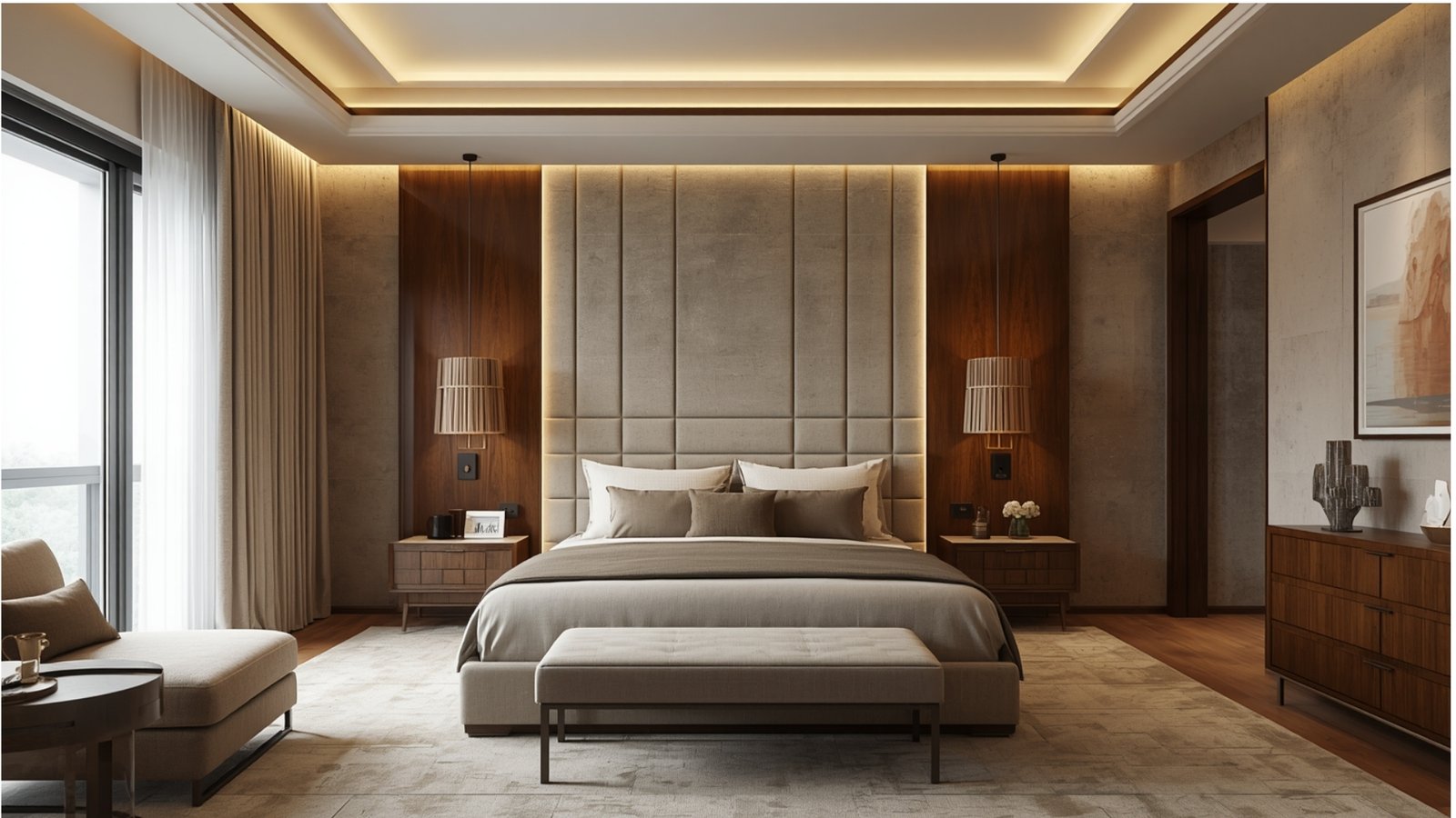 Boutique hotel master bedroom design with luxury bedding, elegant lighting, premium furniture, and sophisticated décor