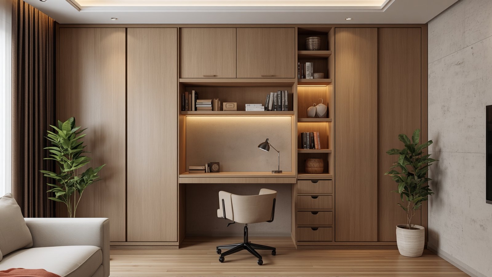 Built-in study corner with a custom desk, wall-mounted storage, shelves, task lighting, and modern home décor