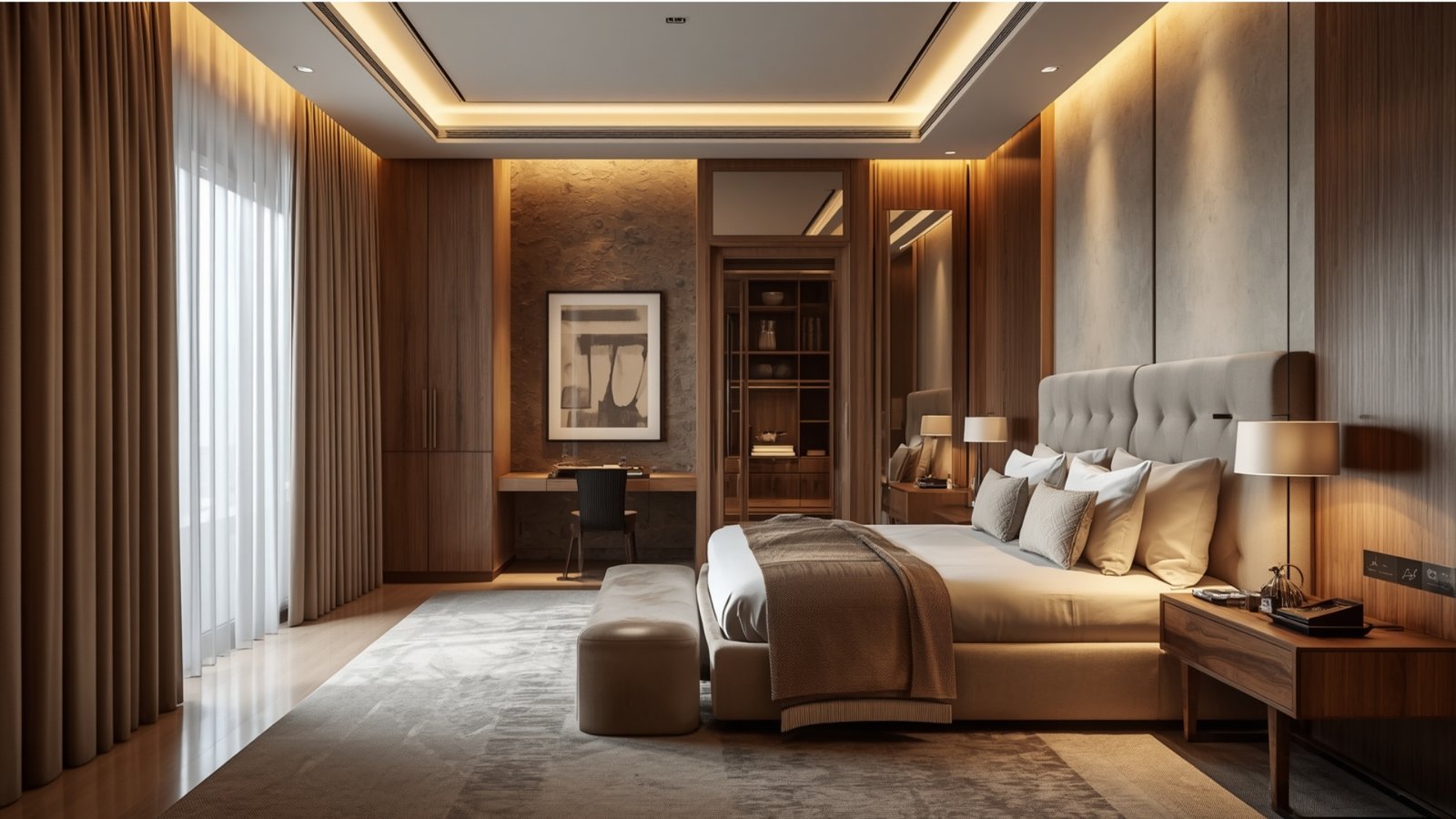 Calm master bedroom design with soft neutral colors, natural textures, comfortable bedding, and warm ambient lighting