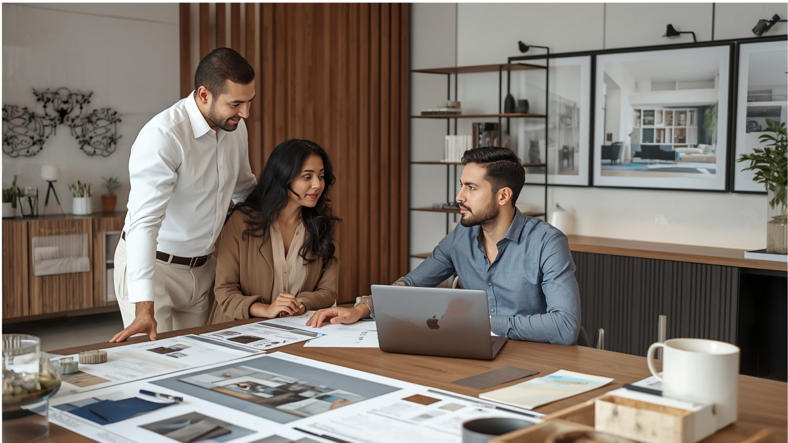 Homeowner choosing an interior designer by reviewing portfolios, floor plans, material samples, and project budgets