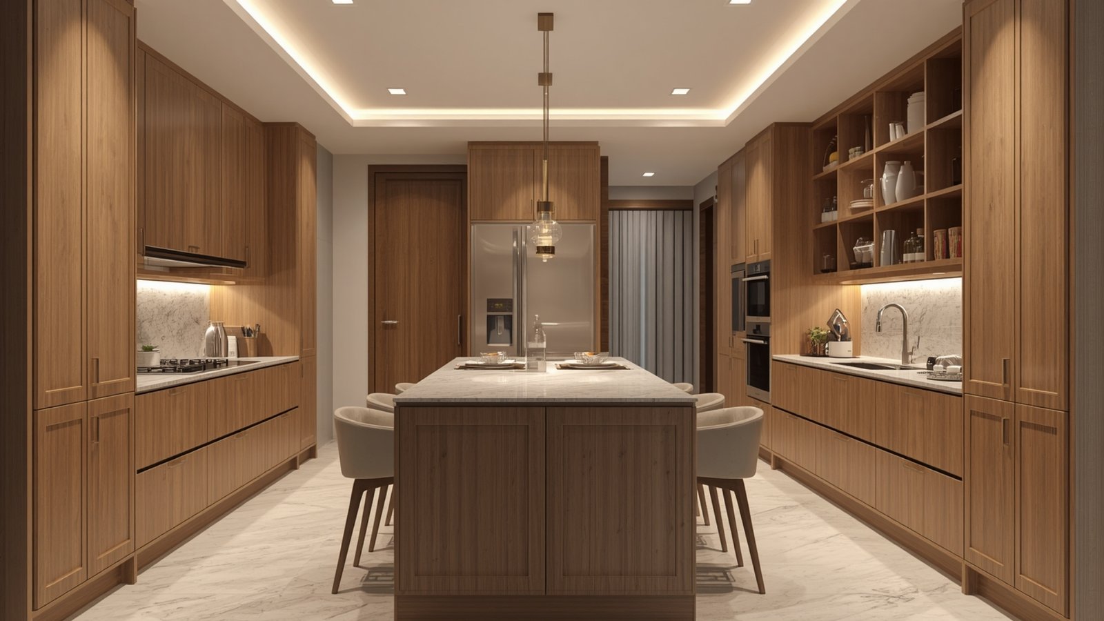 Compact dining area design with a space-saving dining table, comfortable chairs, wall storage, and modern décor