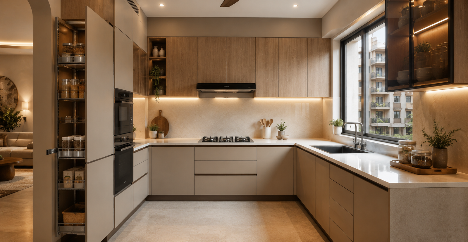 Compact modular kitchen design for a small Indian home with smart storage, modern cabinets, and efficient space planning