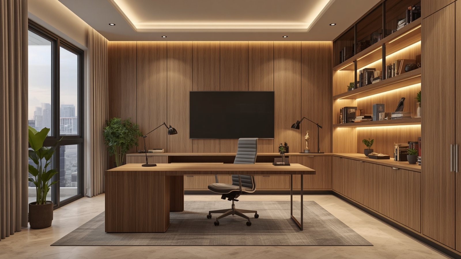 Compact work-from-home corner with a space-saving desk, ergonomic chair, wall storage, and stylish modern décor