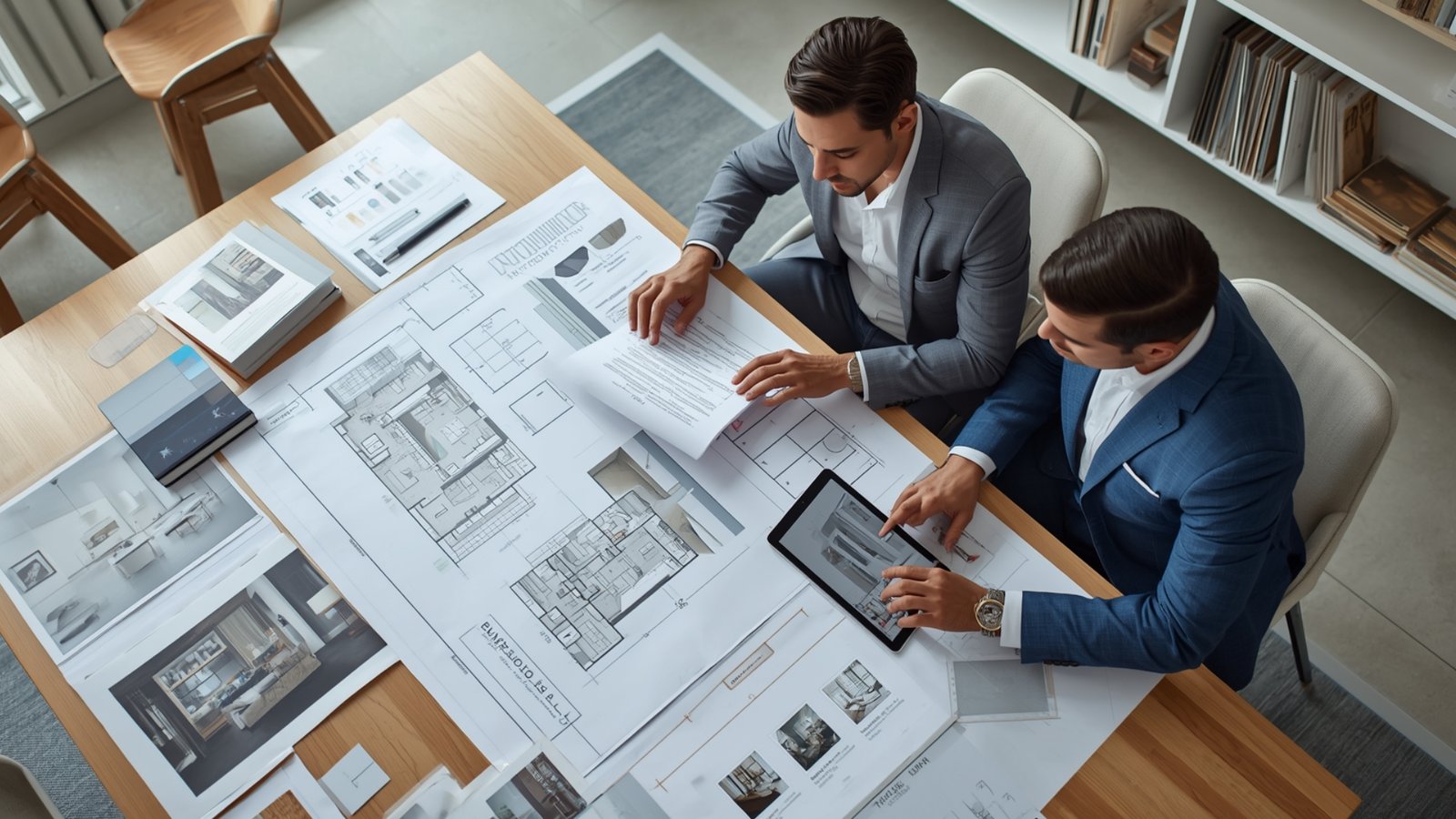 Homeowner comparing interior designer quotations, material samples, floor plans, and design options in Ranchi