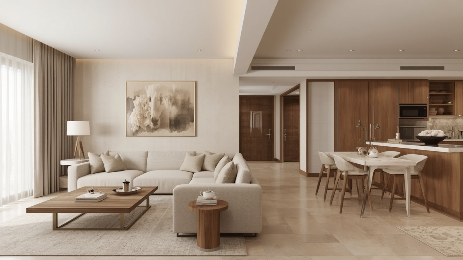 Consistent colour palette for a modern home using coordinated beige, cream, earthy tones, and natural wood finishes