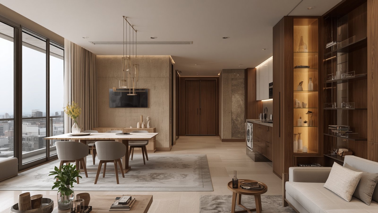 Contemporary luxury 1BHK interior design featuring modern furniture, premium finishes, elegant lighting, and smart storage
