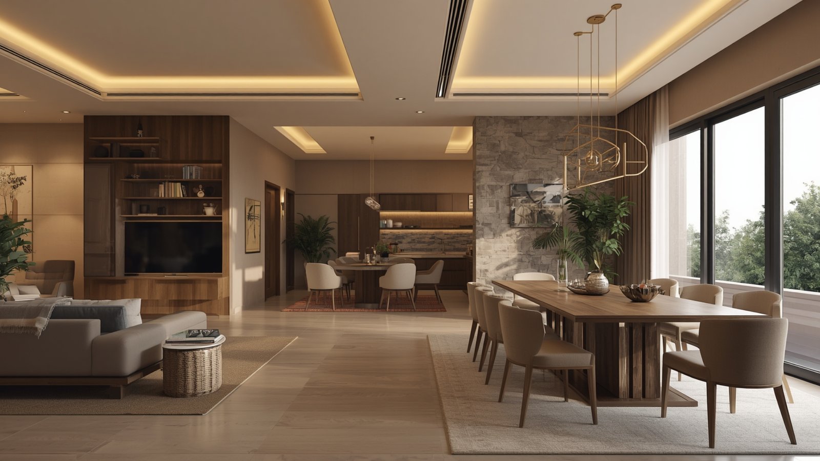 Contemporary luxury 2BHK interior design with elegant furniture, premium finishes, warm lighting, and sophisticated décor