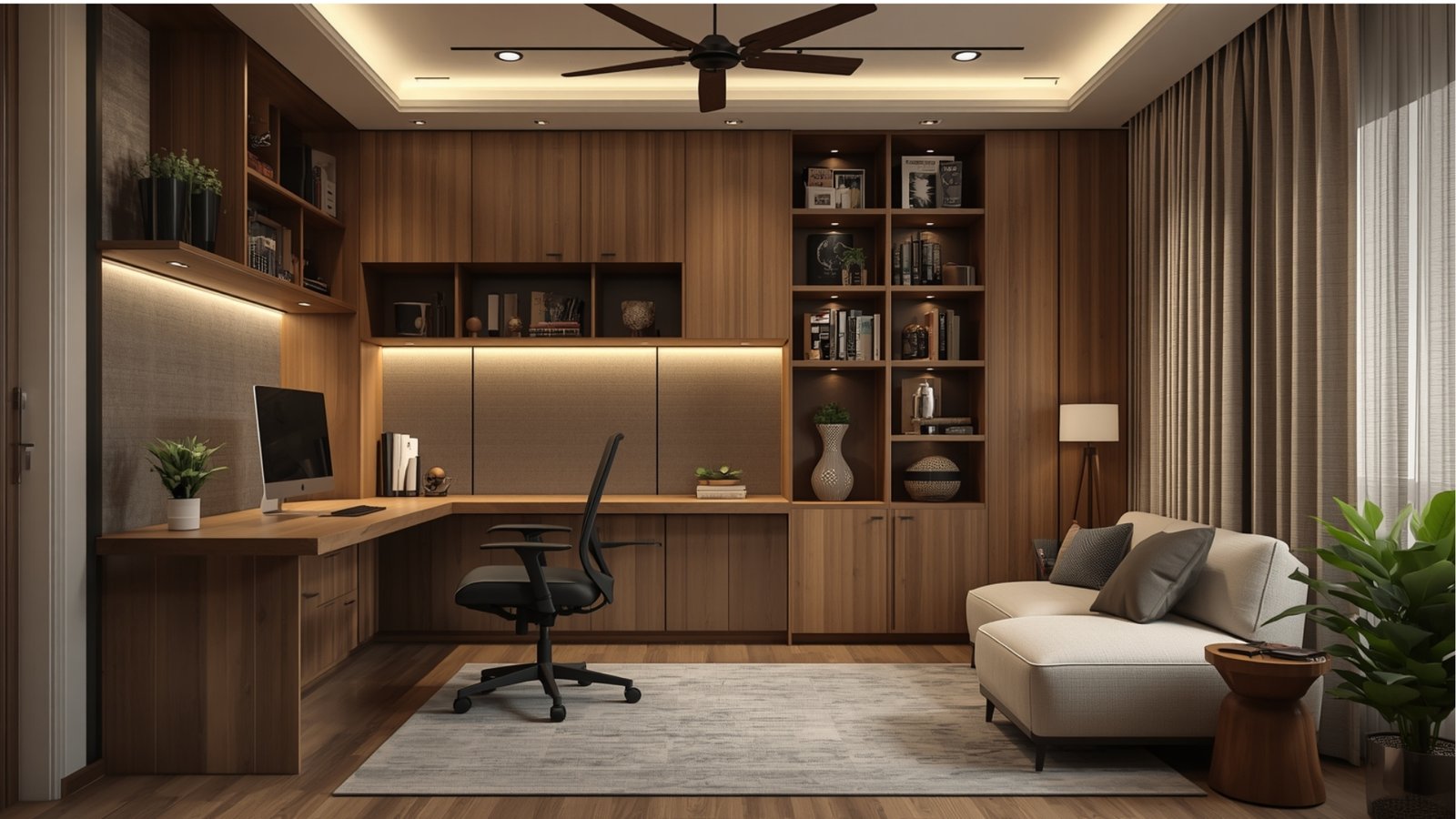 Dedicated home office design with a functional desk, ergonomic chair, built-in storage, task lighting, and modern décor