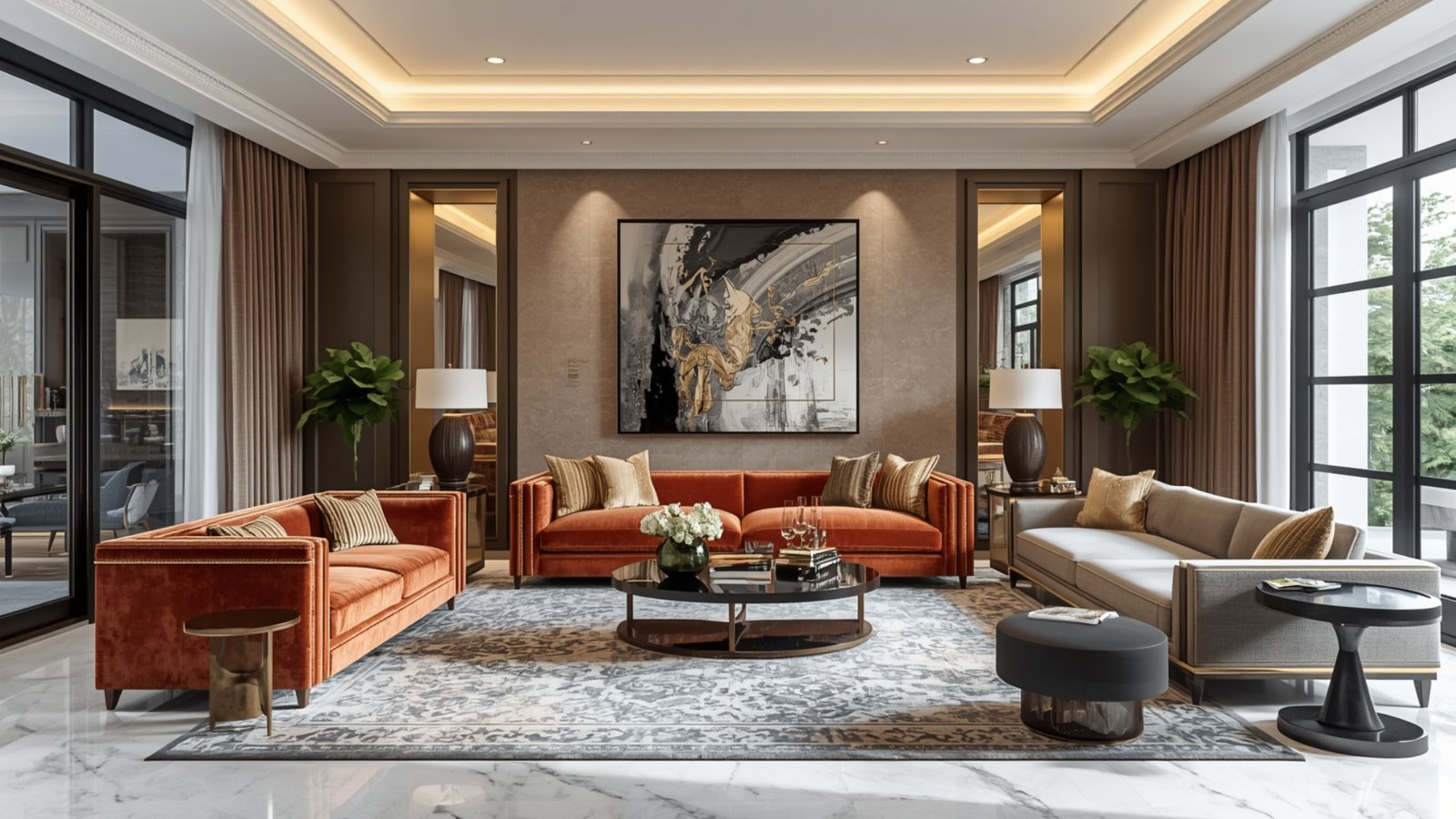 Elegant statement living room interior design in Pune with luxury furniture