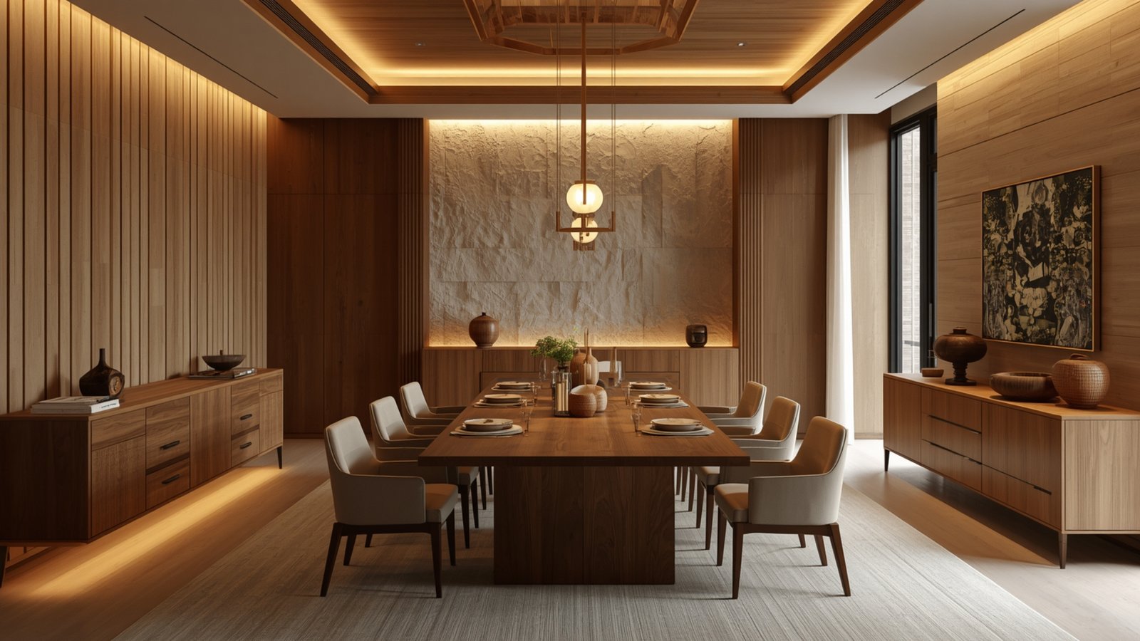 Open living-dining layout with modern furniture, coordinated décor, natural light, and a spacious contemporary interior